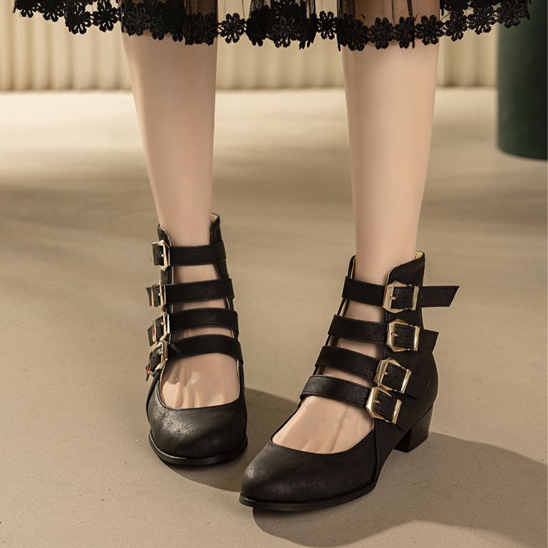 Shoeswoon Multi‑Buckle Cutout Ankle Booties Back Zipper Low Block Heel