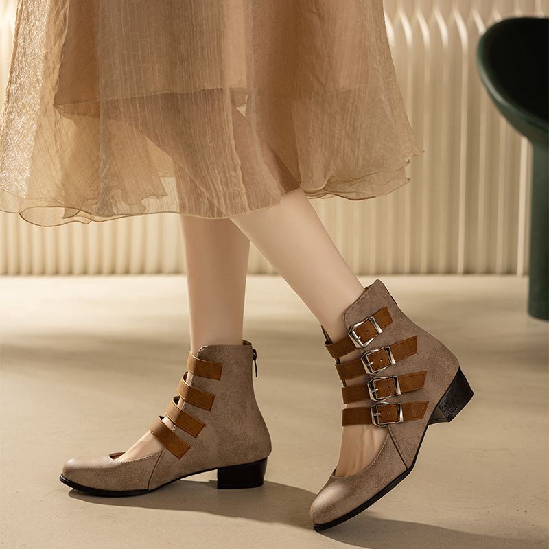 Shoeswoon Multi‑Buckle Cutout Ankle Booties Back Zipper Low Block Heel
