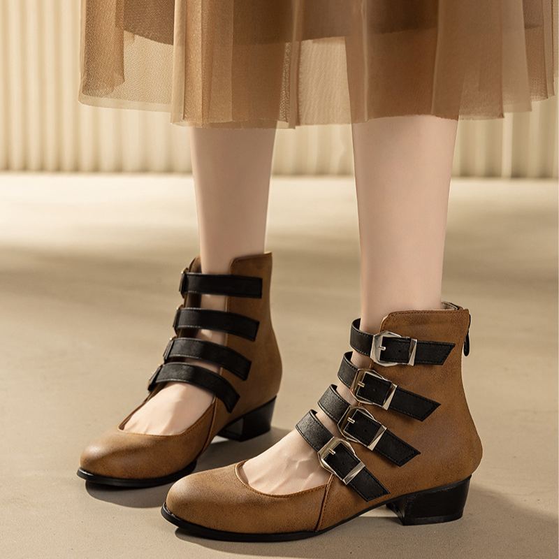 Shoeswoon Multi‑Buckle Cutout Ankle Booties Back Zipper Low Block Heel