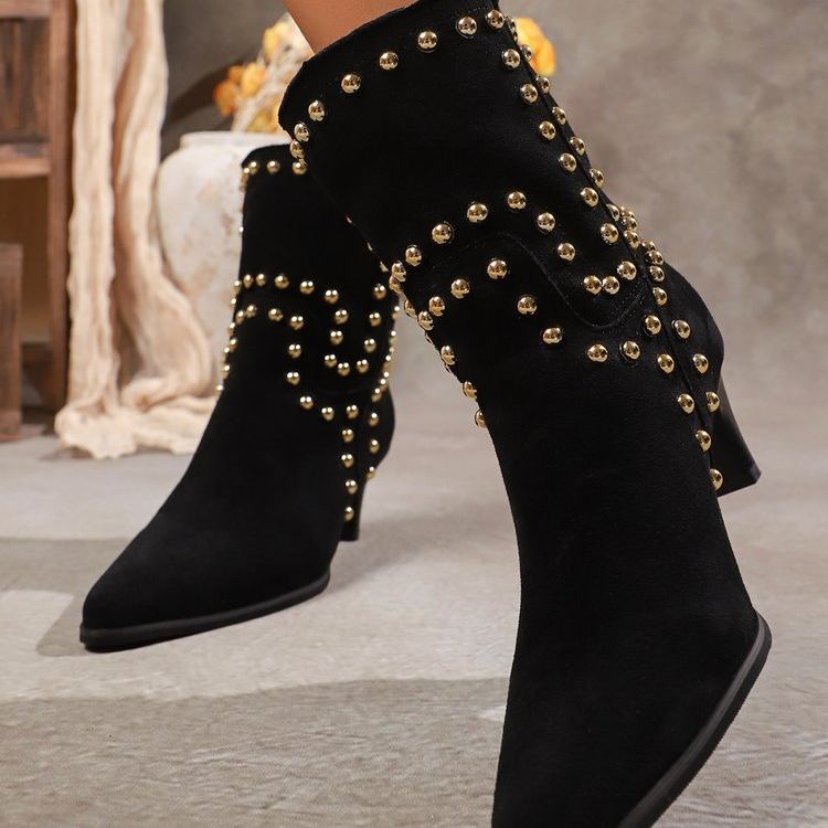 Shoeswoon Vintage Stud Embellished Mid Calf Boots Side‑Zip Kitten Heel