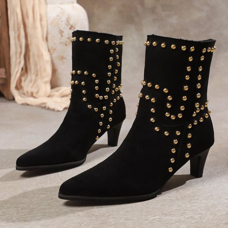 Shoeswoon Vintage Stud Embellished Mid Calf Boots Side‑Zip Kitten Heel