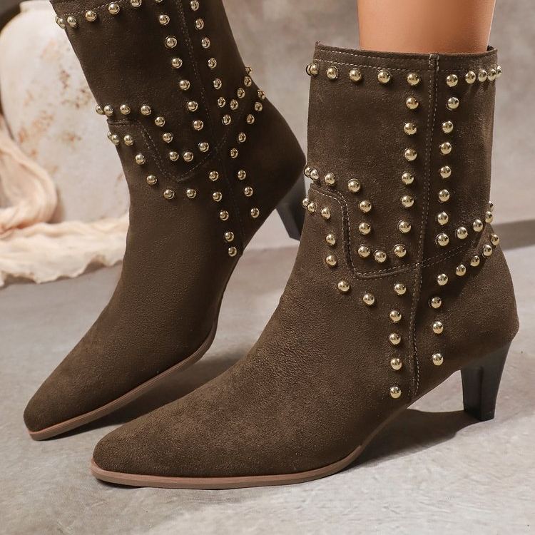 Shoeswoon Vintage Stud Embellished Mid Calf Boots Side‑Zip Kitten Heel