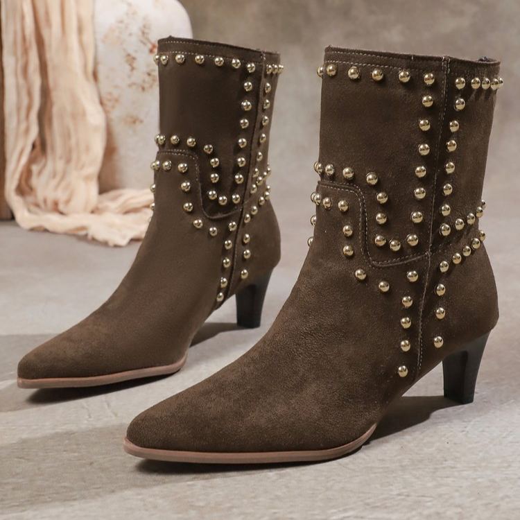 Shoeswoon Vintage Stud Embellished Mid Calf Boots Side‑Zip Kitten Heel
