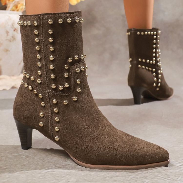 Shoeswoon Vintage Stud Embellished Mid Calf Boots Side‑Zip Kitten Heel