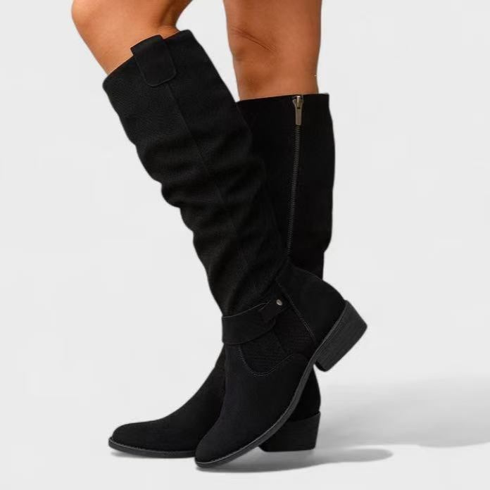 Shoeswoon Perforated Slouch Knee‑High Boots Side Zip Buckle Strap Low Block Heel