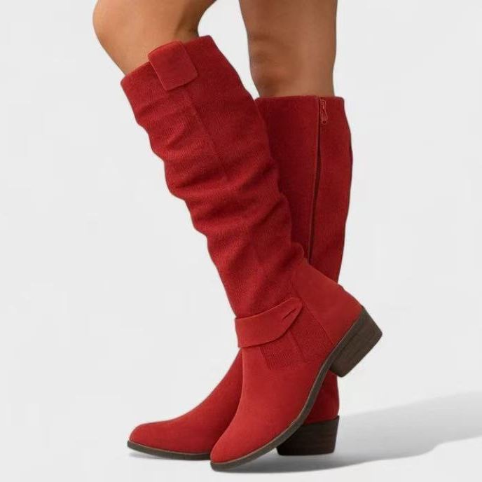 Shoeswoon Perforated Slouch Knee‑High Boots Side Zip Buckle Strap Low Block Heel