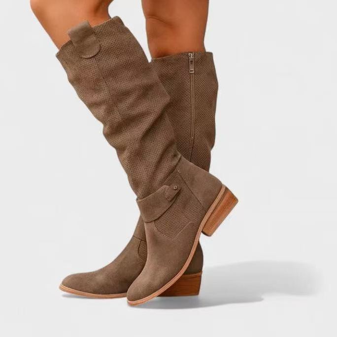Shoeswoon Perforated Slouch Knee‑High Boots Side Zip Buckle Strap Low Block Heel