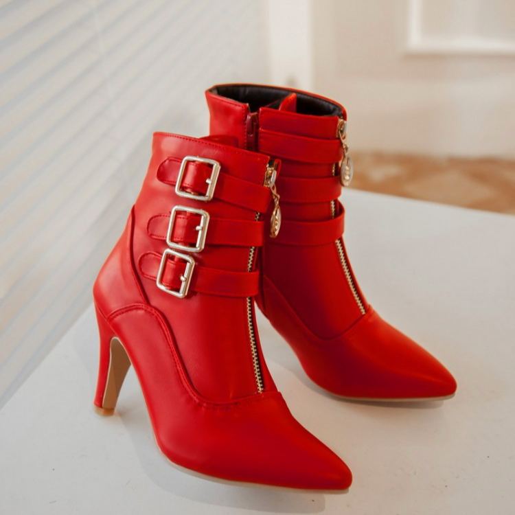 Shoeswoon Pointed‑Toe Ankle Booties Triple Buckle Straps Front Zipper Decor Slim Stiletto Heel