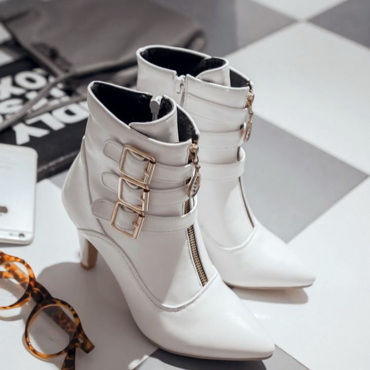 Shoeswoon Pointed‑Toe Ankle Booties Triple Buckle Straps Front Zipper Decor Slim Stiletto Heel