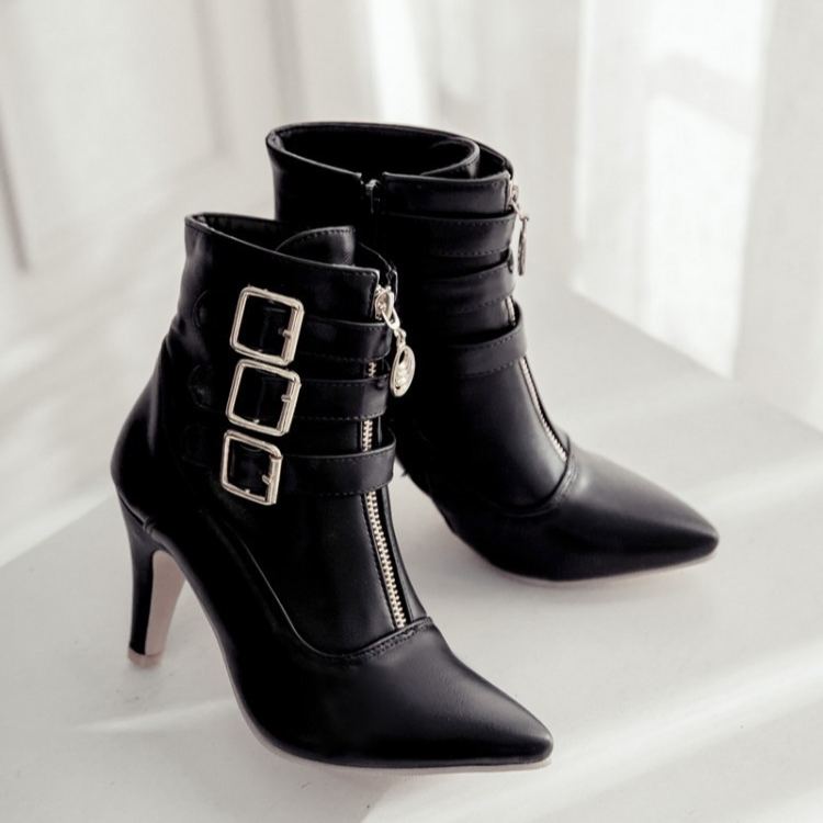 Shoeswoon Pointed‑Toe Ankle Booties Triple Buckle Straps Front Zipper Decor Slim Stiletto Heel