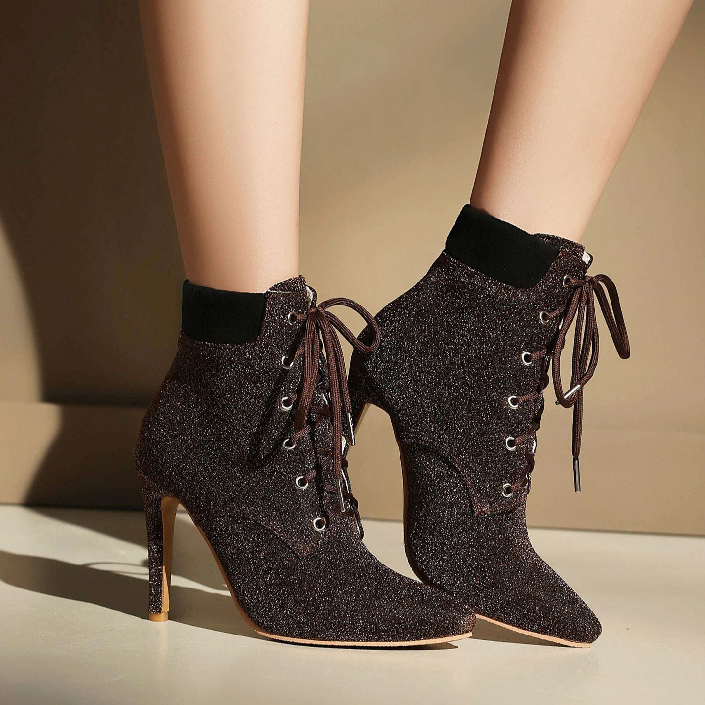 Shoeswoon Glitter Pointed‑Toe Ankle Booties Front Lace‑Up Design Slim Stiletto Heel