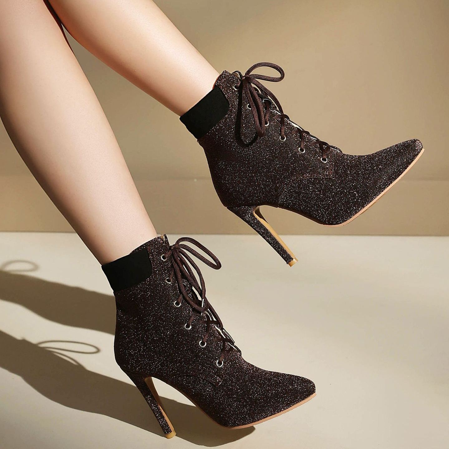 Shoeswoon Glitter Pointed‑Toe Ankle Booties Front Lace‑Up Design Slim Stiletto Heel