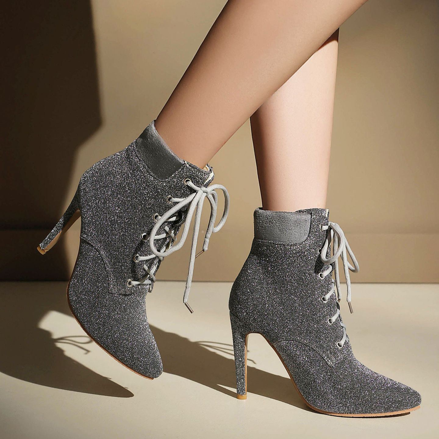 Shoeswoon Glitter Pointed‑Toe Ankle Booties Front Lace‑Up Design Slim Stiletto Heel