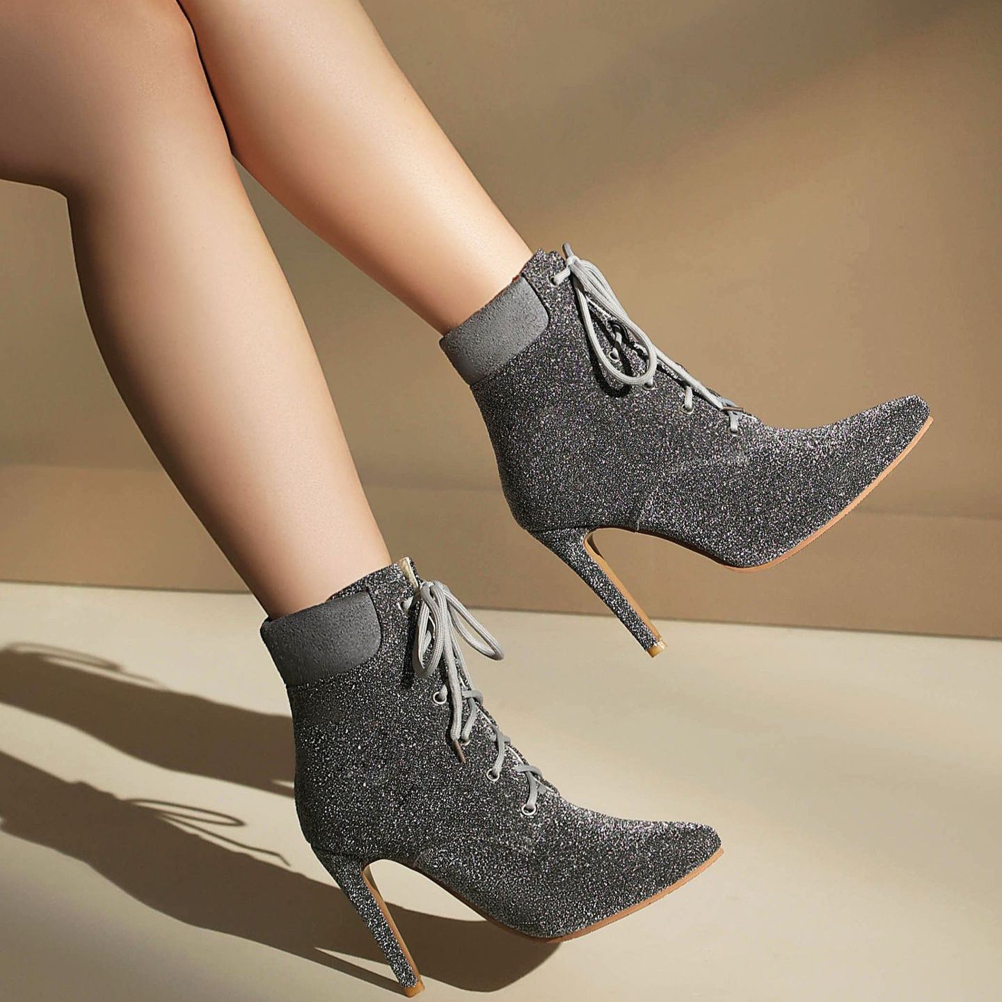 Shoeswoon Glitter Pointed‑Toe Ankle Booties Front Lace‑Up Design Slim Stiletto Heel