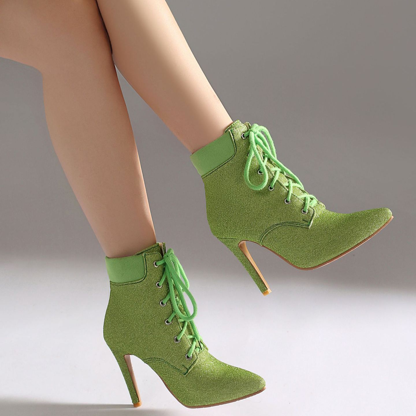 Shoeswoon Glitter Pointed‑Toe Ankle Booties Front Lace‑Up Design Slim Stiletto Heel