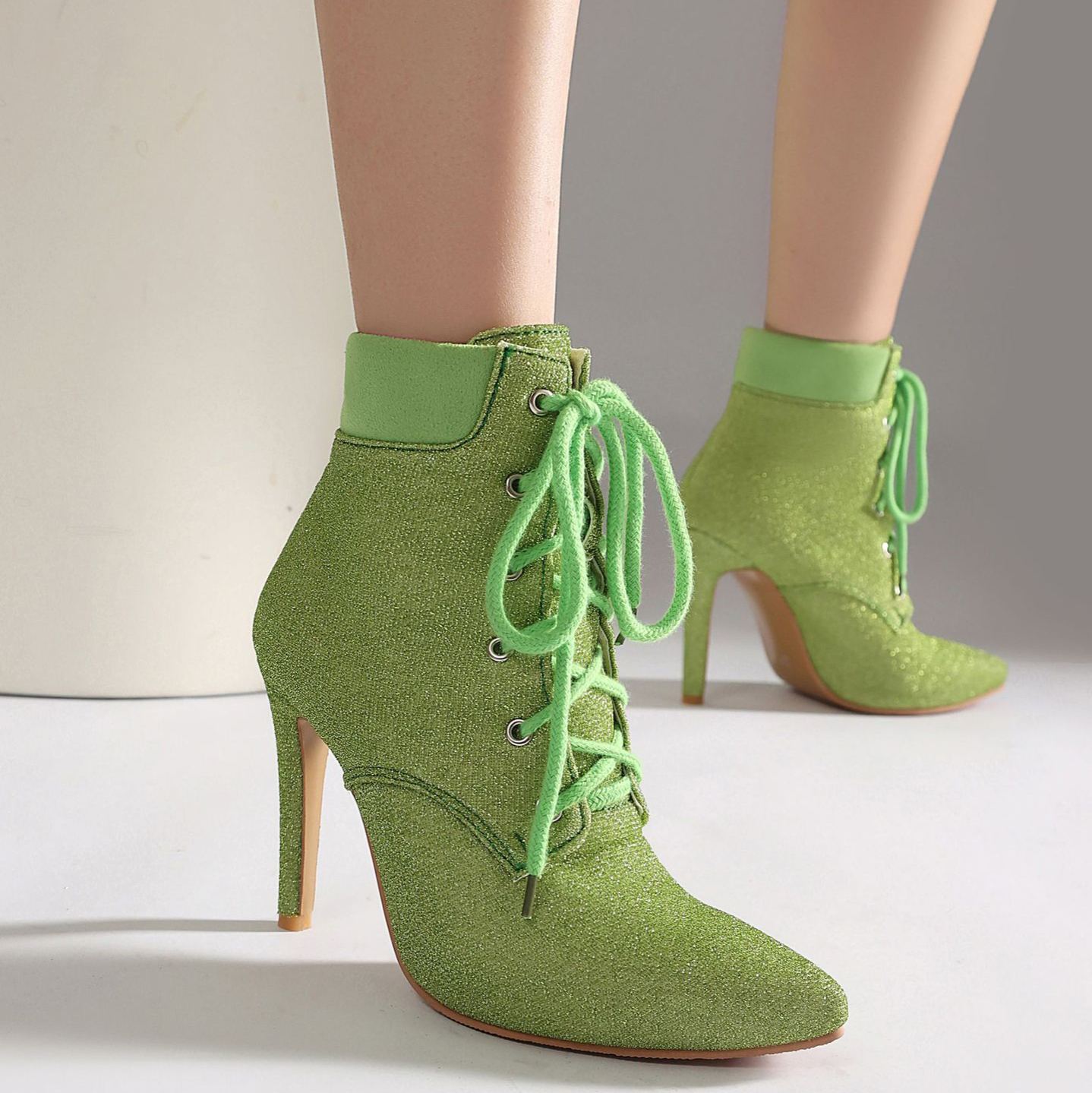 Shoeswoon Glitter Pointed‑Toe Ankle Booties Front Lace‑Up Design Slim Stiletto Heel