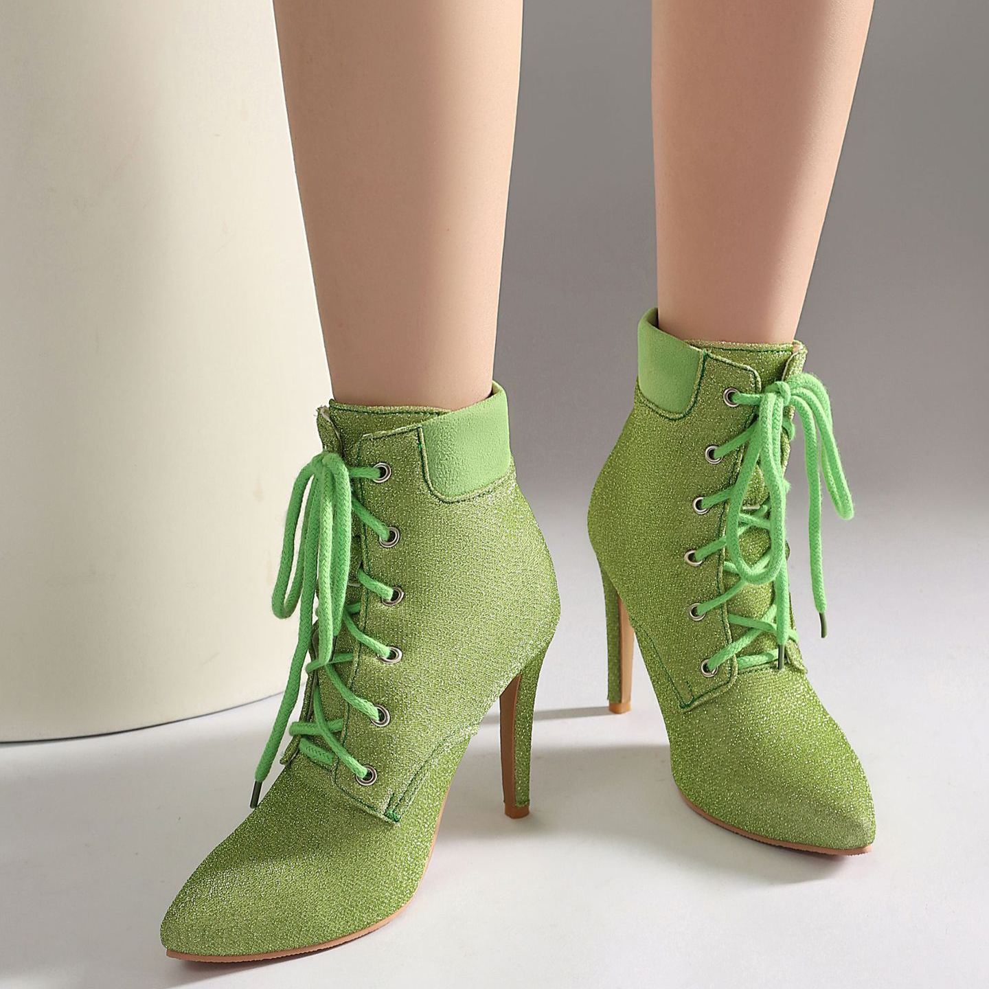 Shoeswoon Glitter Pointed‑Toe Ankle Booties Front Lace‑Up Design Slim Stiletto Heel