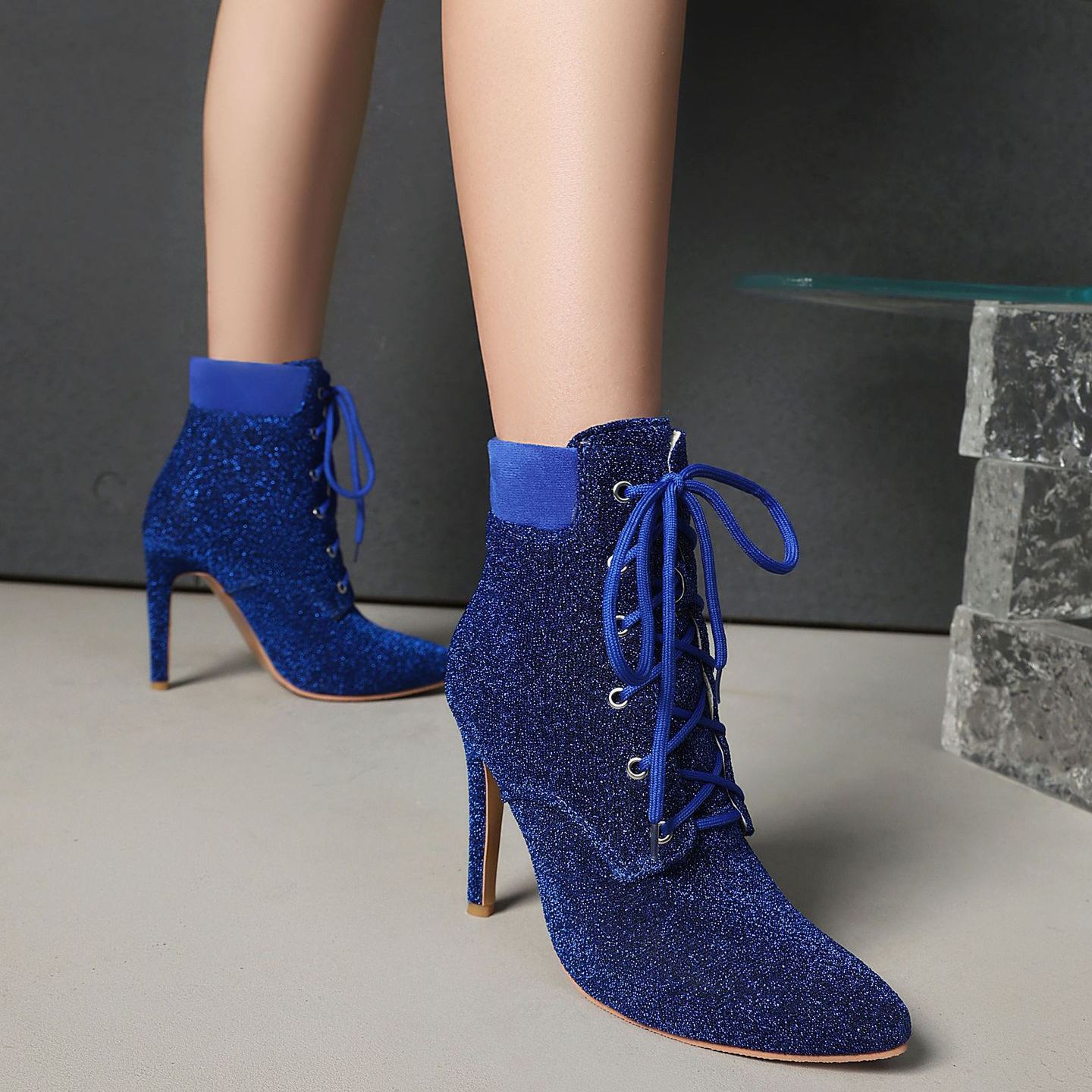 Shoeswoon Glitter Pointed‑Toe Ankle Booties Front Lace‑Up Design Slim Stiletto Heel