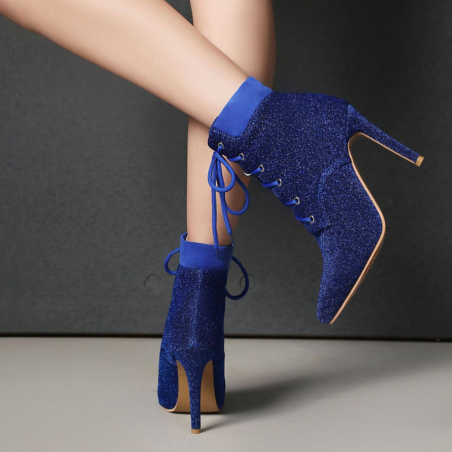 Shoeswoon Glitter Pointed‑Toe Ankle Booties Front Lace‑Up Design Slim Stiletto Heel