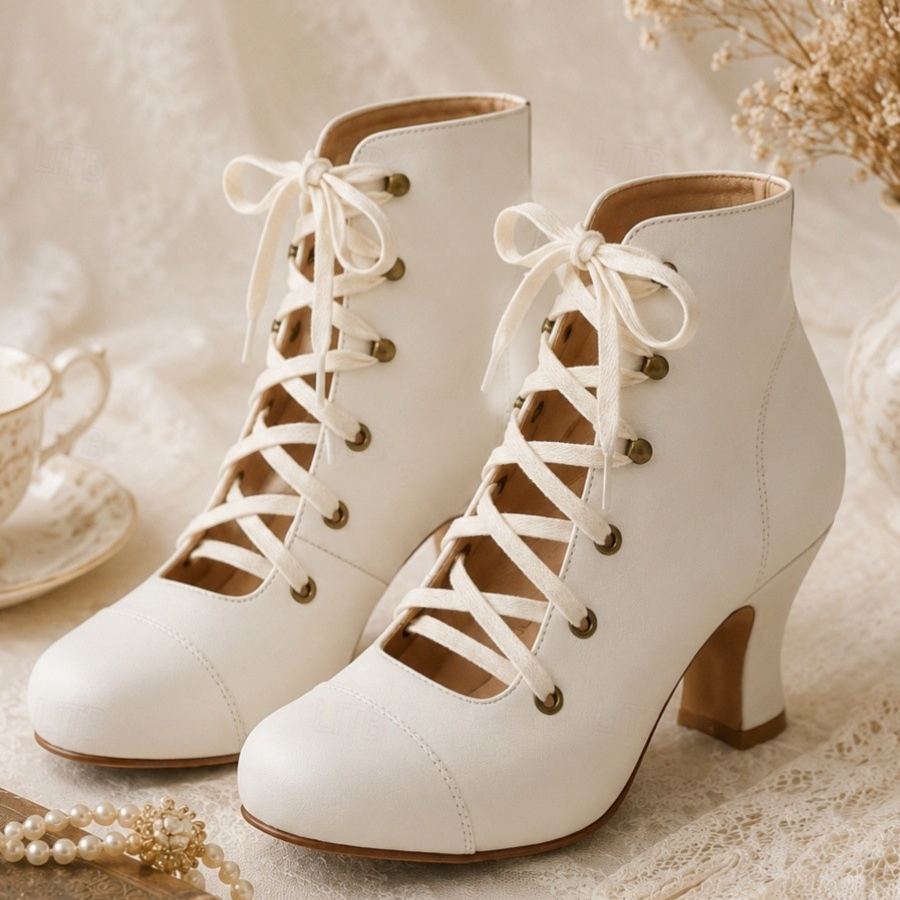 Shoeswoon Retro Lace‑Up Ankle Boots Round Toe Dance Block Heel