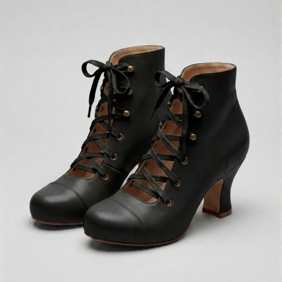 Shoeswoon Retro Lace‑Up Ankle Boots Round Toe Dance Block Heel