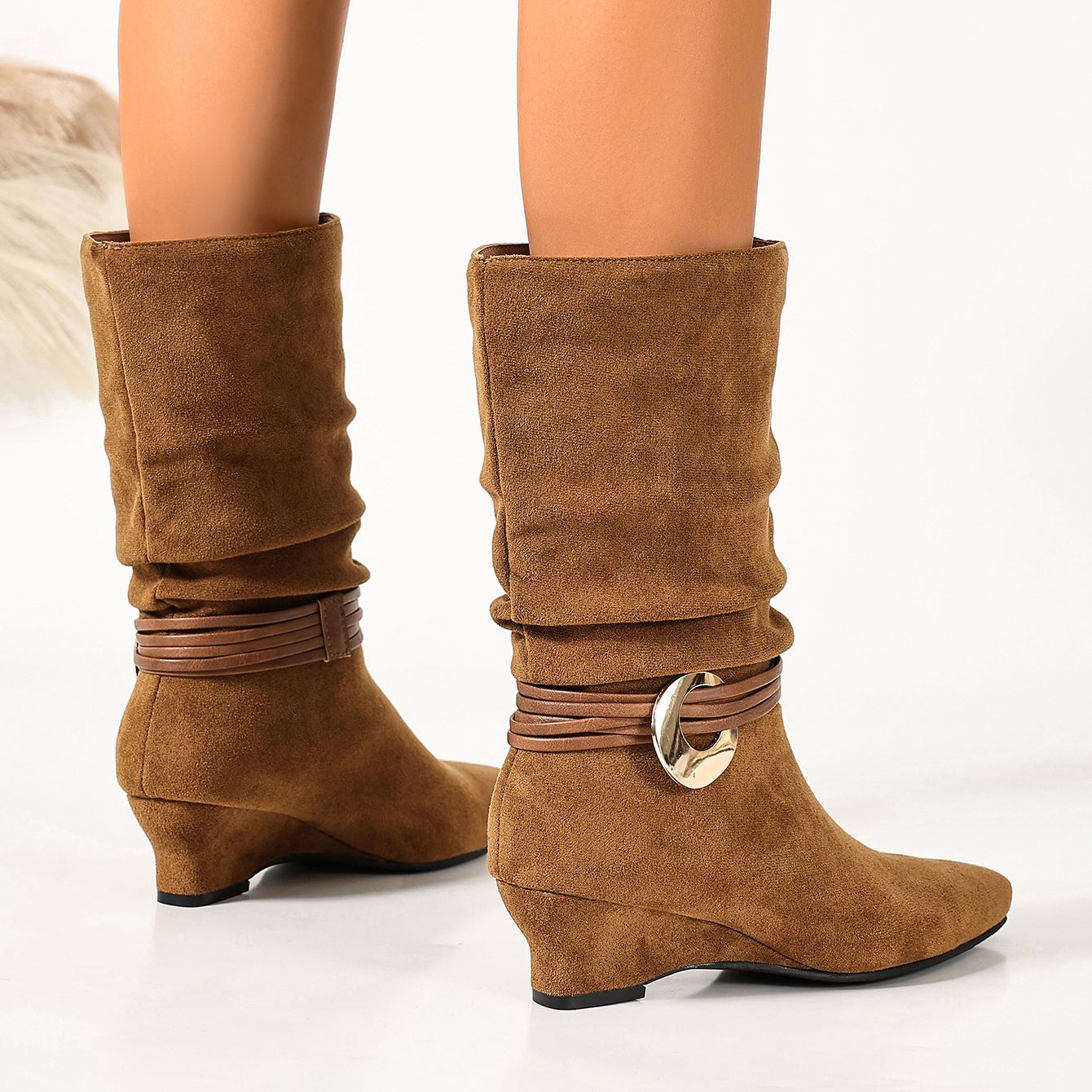 Shoeswoon Pointed‑Toe Slouch Mid‑Calf Boots Wrap Strap Metal Ring Wedge