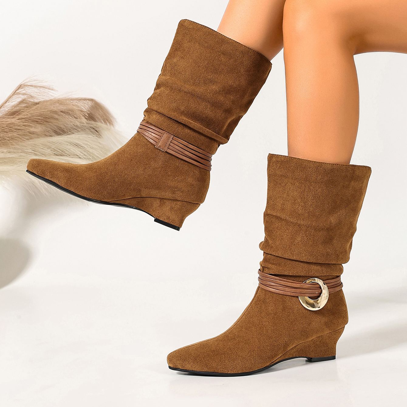 Shoeswoon Pointed‑Toe Slouch Mid‑Calf Boots Wrap Strap Metal Ring Wedge