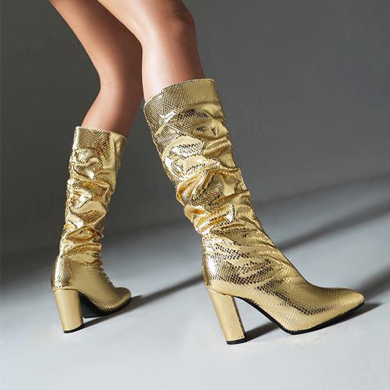 Shoeswoon Fashion Ruched Shimmer Scale Pattern Mid Calf Boots