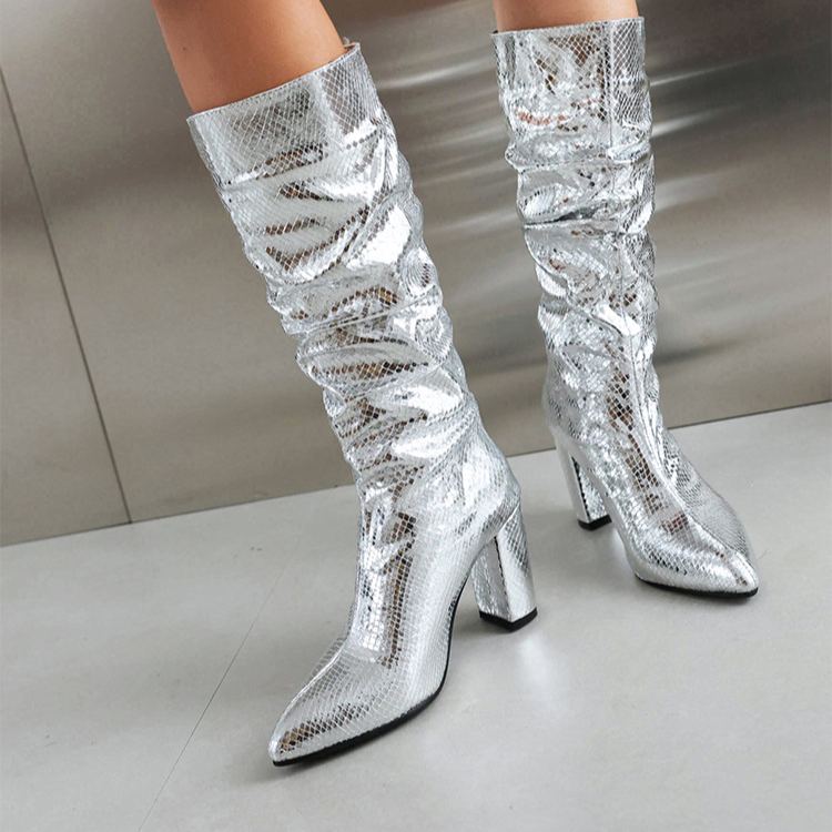 Shoeswoon Fashion Ruched Shimmer Scale Pattern Mid Calf Boots