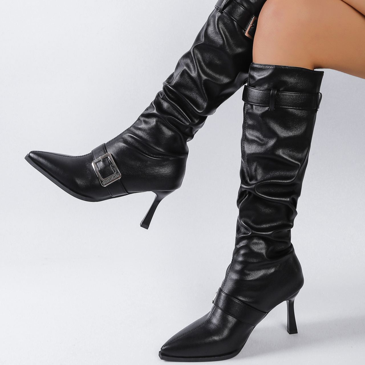 Shoeswoon Stylish Slouchy Shaft Multi Buckle Accent Pointed Toe Knee High Boots
