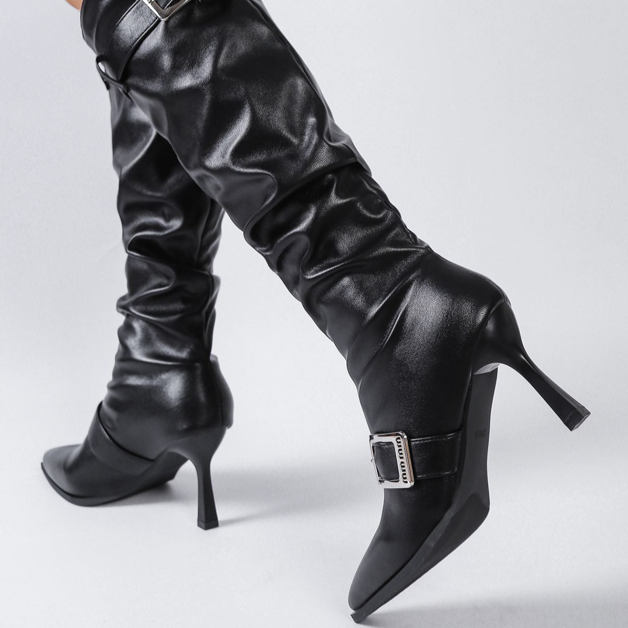 Shoeswoon Stylish Slouchy Shaft Multi Buckle Accent Pointed Toe Knee High Boots