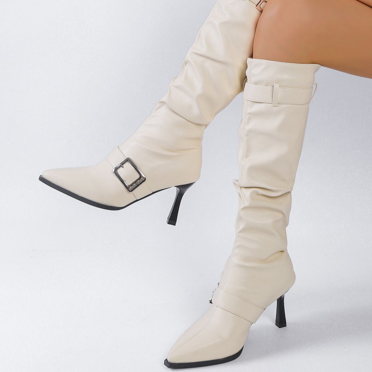 Shoeswoon Stylish Slouchy Shaft Multi Buckle Accent Pointed Toe Knee High Boots