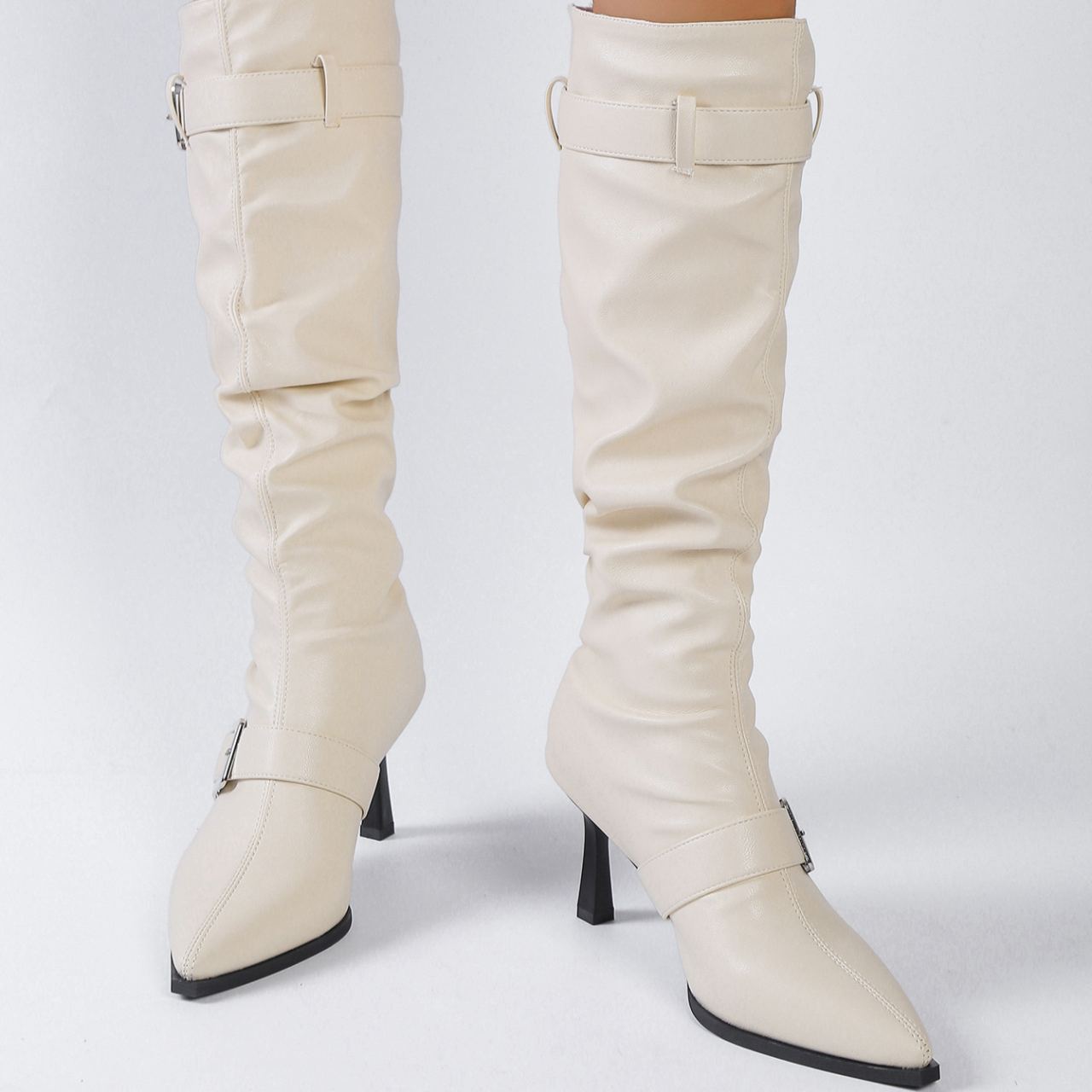 Shoeswoon Stylish Slouchy Shaft Multi Buckle Accent Pointed Toe Knee High Boots