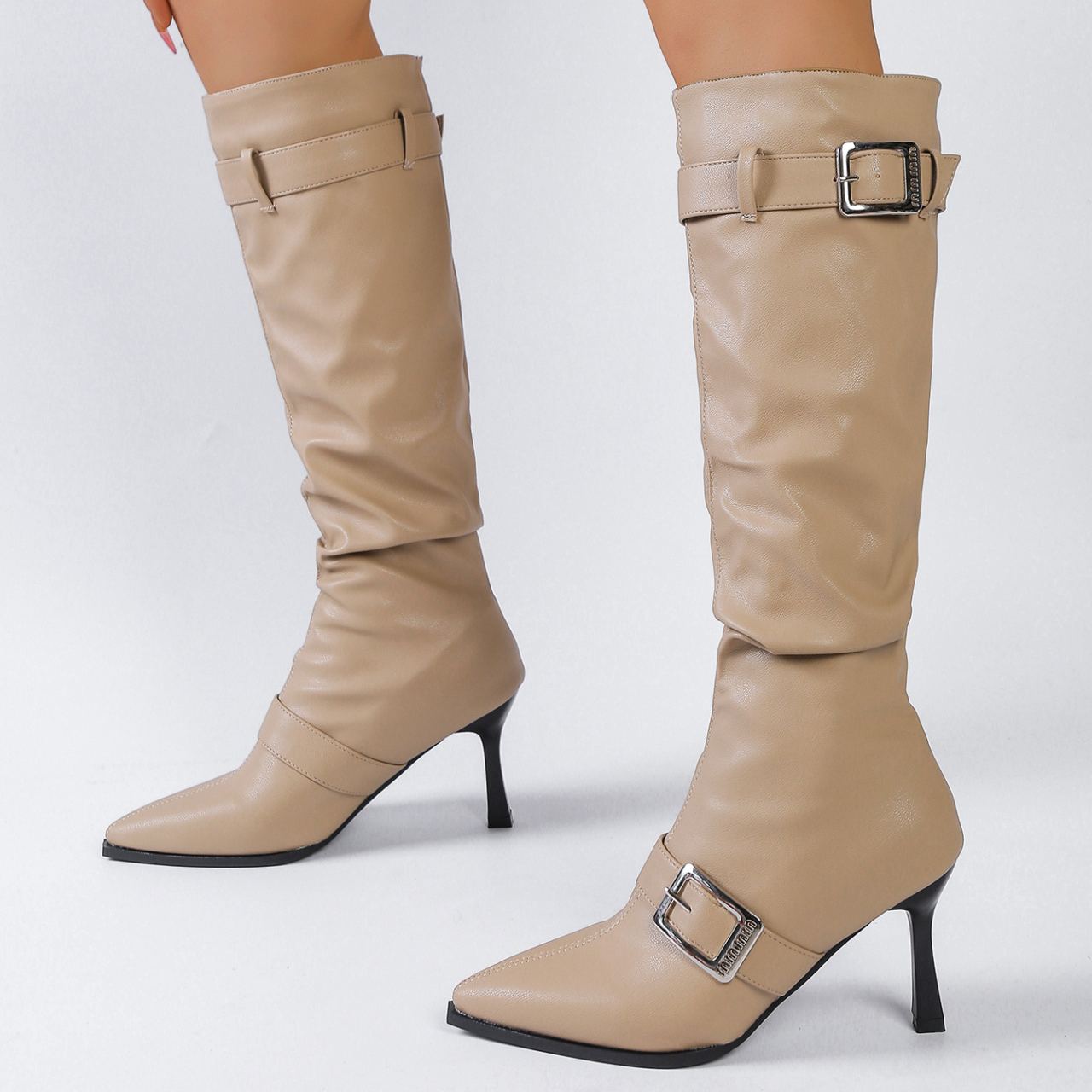 Shoeswoon Stylish Slouchy Shaft Multi Buckle Accent Pointed Toe Knee High Boots