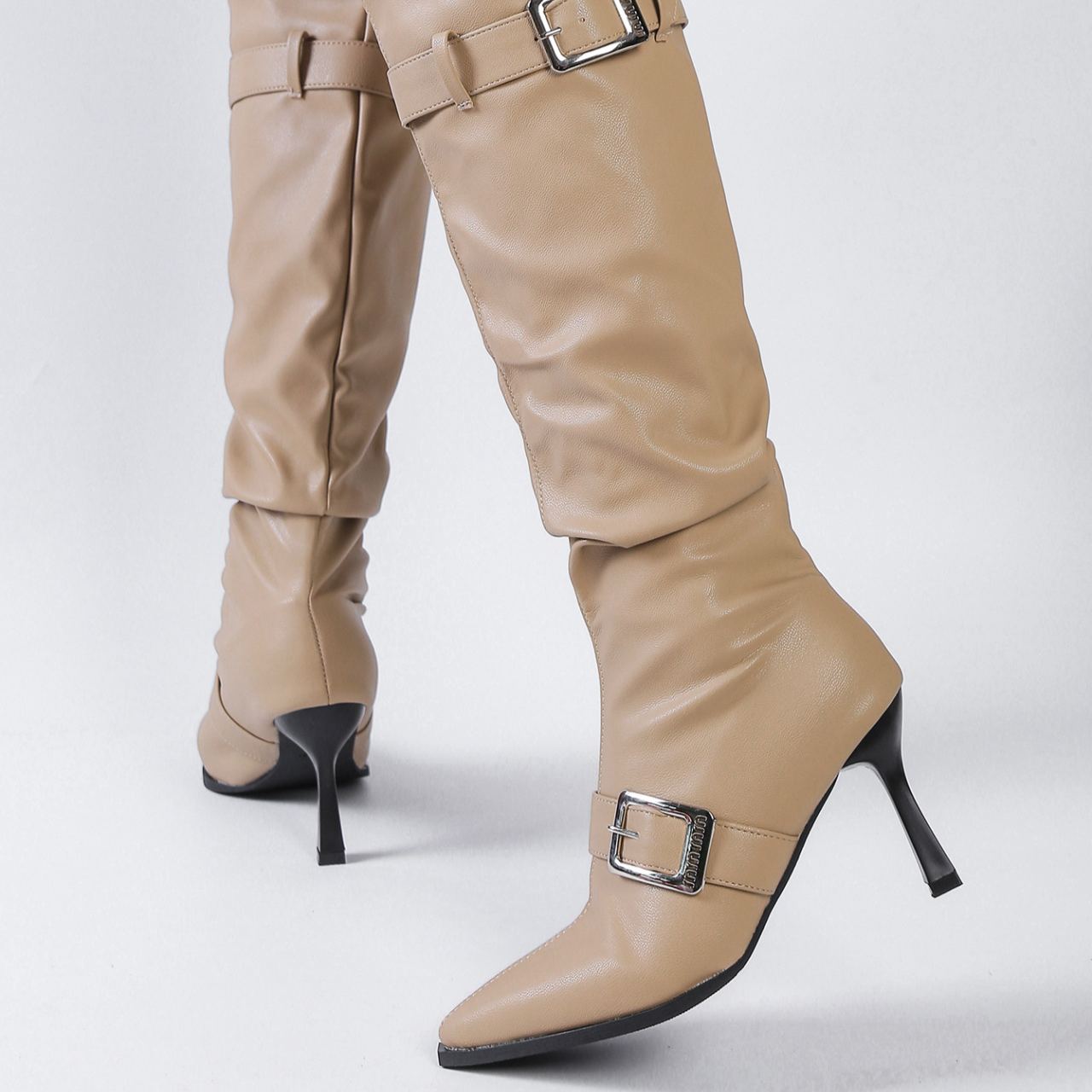 Shoeswoon Stylish Slouchy Shaft Multi Buckle Accent Pointed Toe Knee High Boots