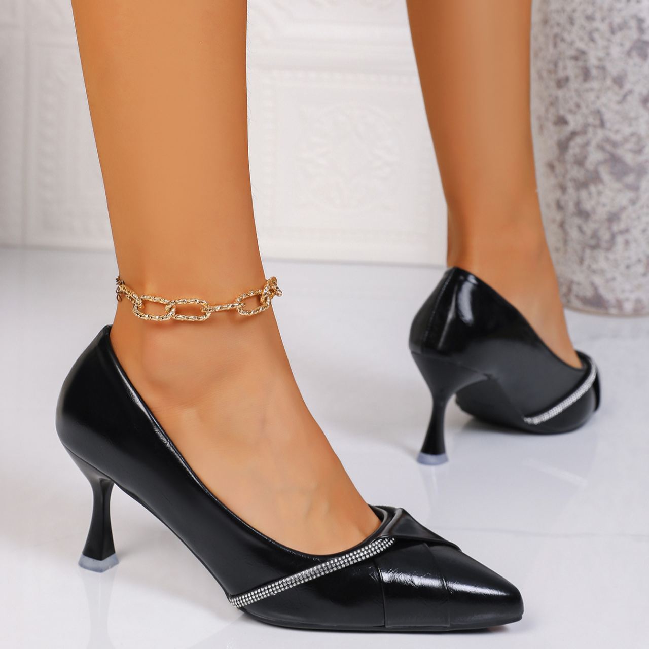 Shoeswoon Ruched Pointed Vamp Rhinestone Trim Gloss Flared High Heels