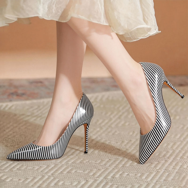 Shoeswoon Black White Striped Patent Pointed Toe Stiletto Pumps