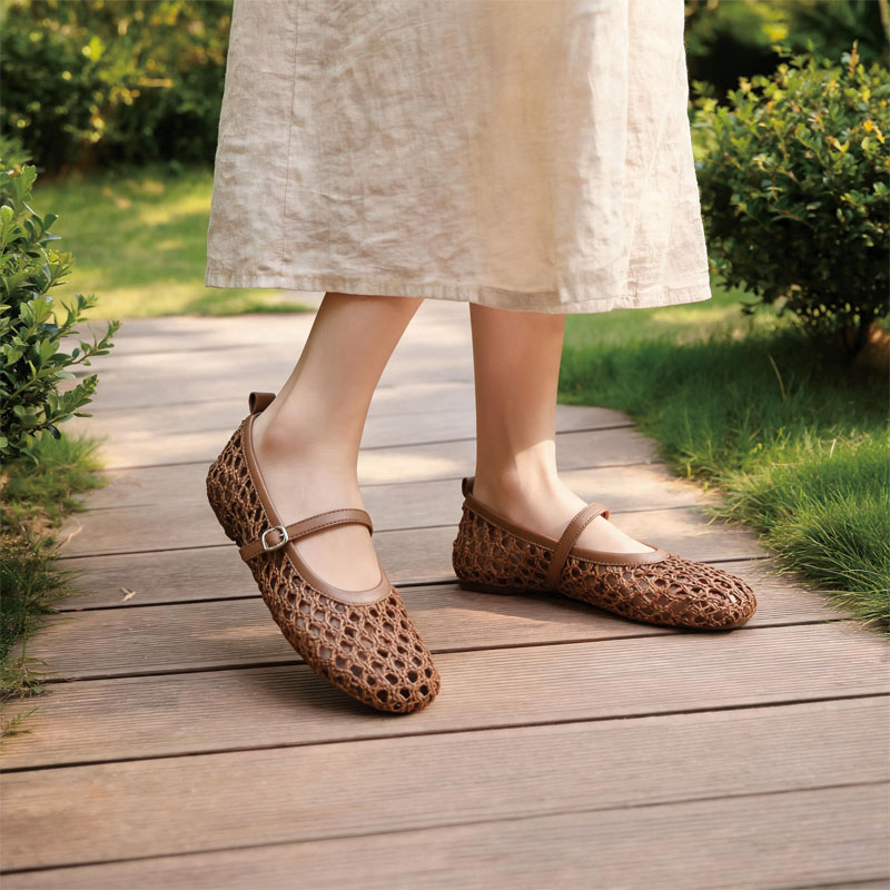 Shoeswoon Summer Hollow Out Buckle Strap Low Heel Mary Jane Flats