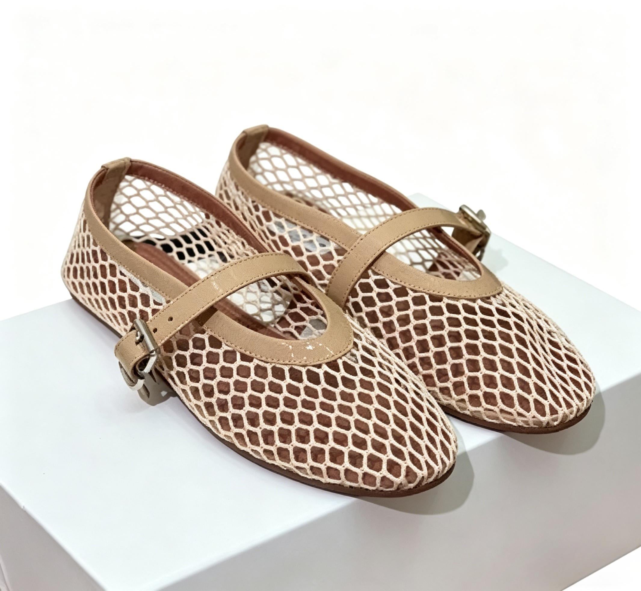 Shoeswoon Buckle Strap Fishnet Mesh Mary Jane Flats