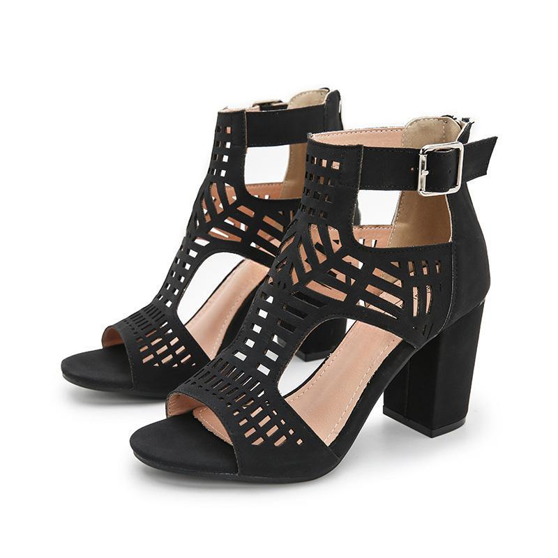 Shoeswoon Lattice Geometric Cutout Open Toe Buckle Strap Block Heel Ankle Sandals