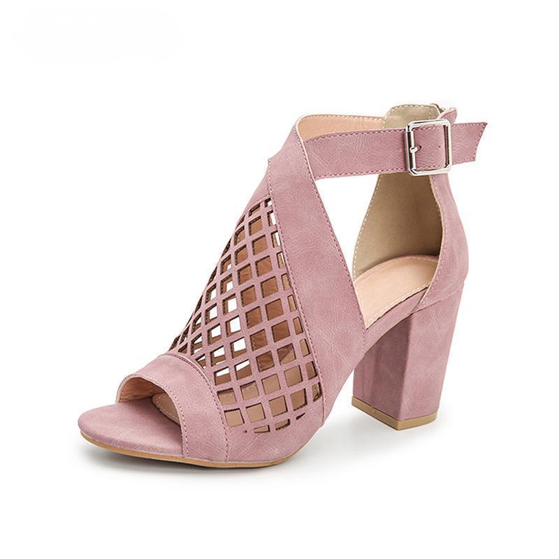 Shoeswoon Lattice Cutout Peep Toe Buckle Strap Block Heel Ankle Sandals