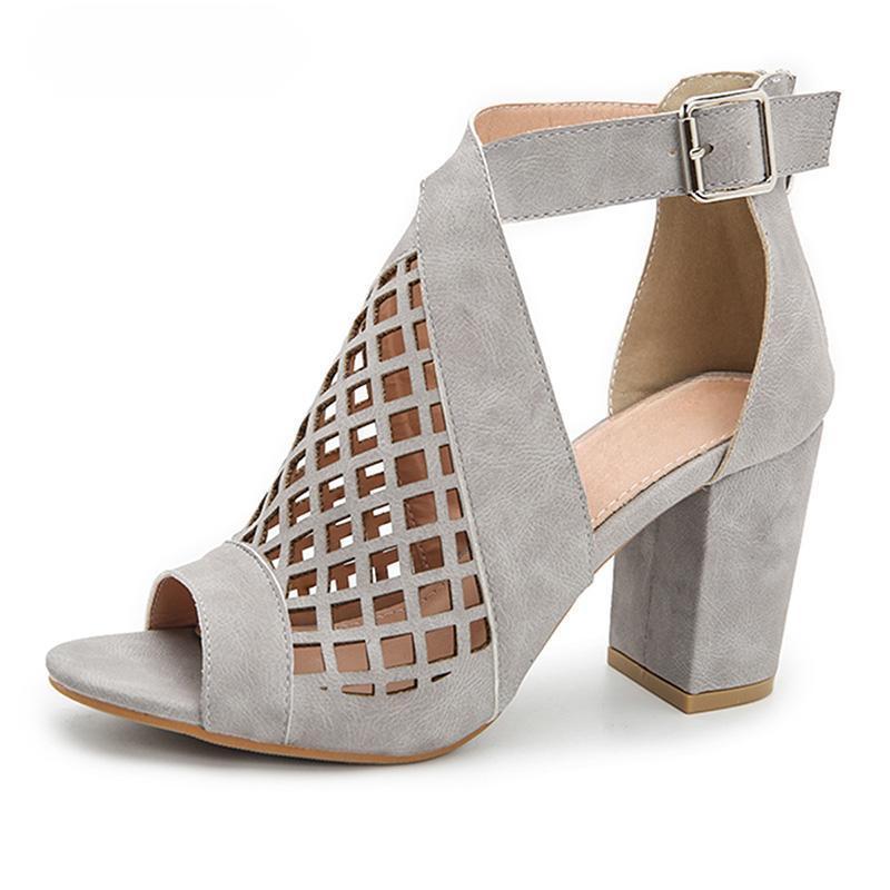 Shoeswoon Lattice Cutout Peep Toe Buckle Strap Block Heel Ankle Sandals