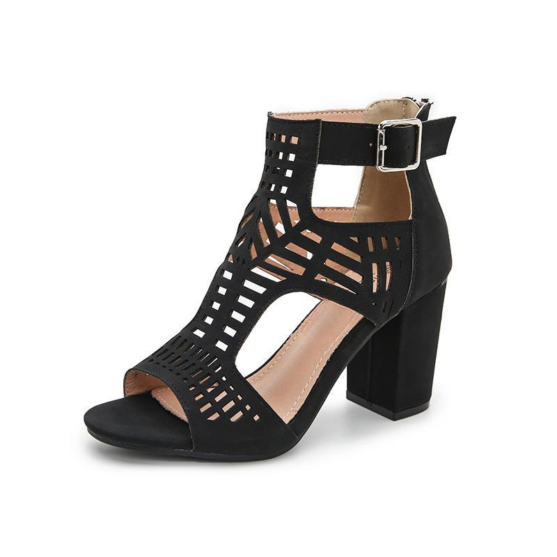 Shoeswoon Lattice Geometric Cutout Open Toe Buckle Strap Block Heel Ankle Sandals