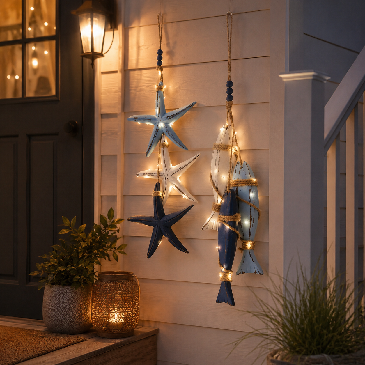 23.2 in × 6.7 in Lighted Coastal Wooden Starfish & Fish Hanging Decor🐟🌊⭐