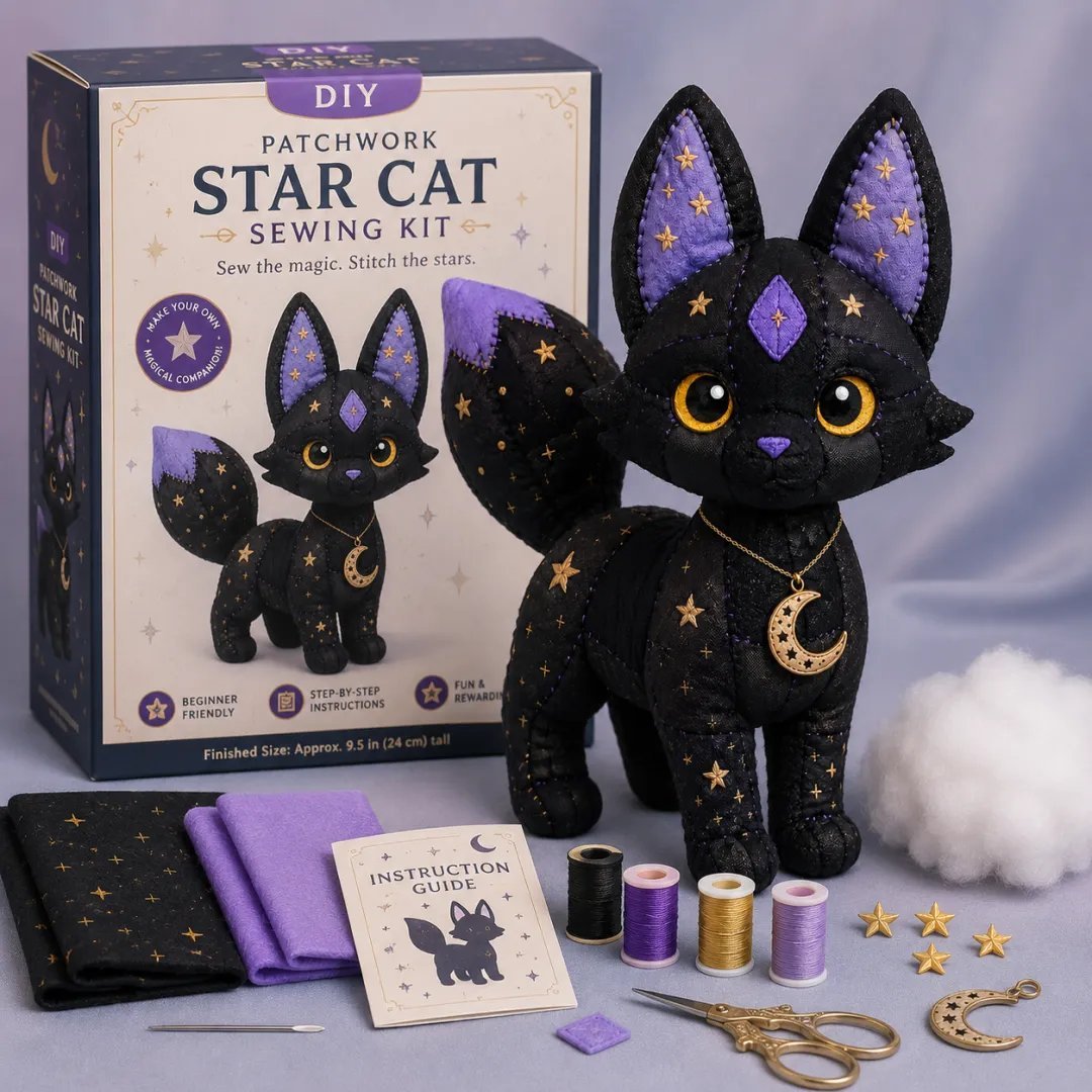 🔥Last Day Buy 2 Get 1 Free🐱Mystic Patchwork Animal Sewing Kit – DIY Plush Craft Kit with Starry Fabric, Moon Charm