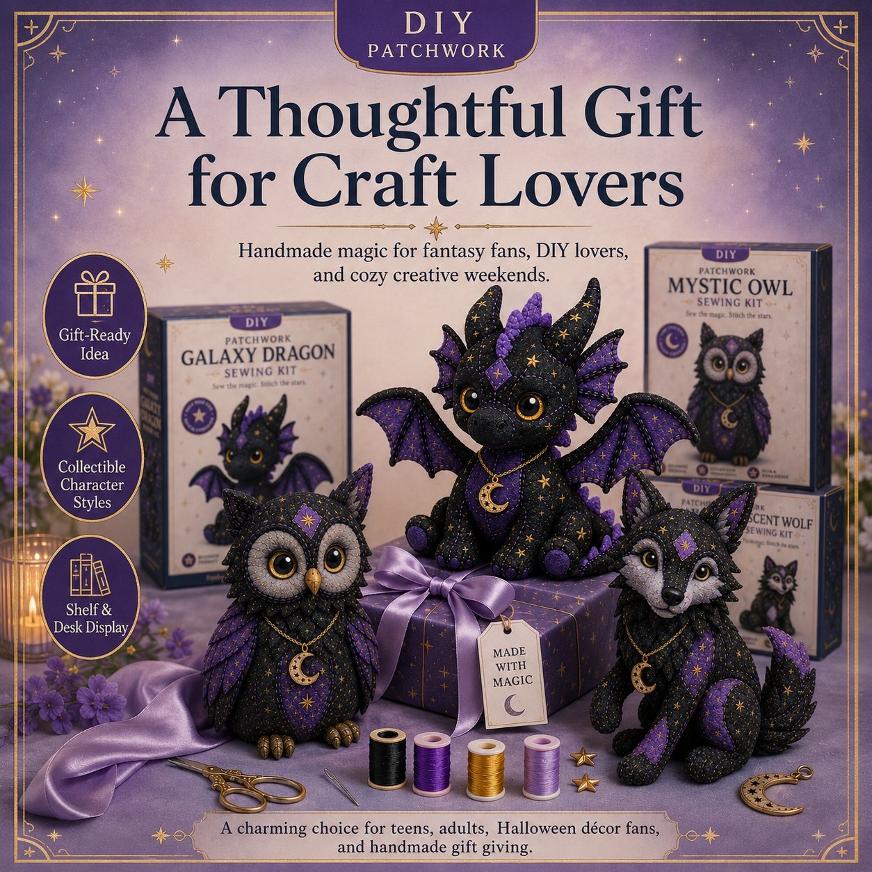 🔥Last Day Buy 2 Get 1 Free🐱Mystic Patchwork Animal Sewing Kit – DIY Plush Craft Kit with Starry Fabric, Moon Charm