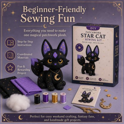 🔥Last Day Buy 2 Get 1 Free🐱Mystic Patchwork Animal Sewing Kit – DIY Plush Craft Kit with Starry Fabric, Moon Charm
