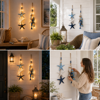 23.2 in × 6.7 in Lighted Coastal Wooden Starfish & Fish Hanging Decor🐟🌊⭐