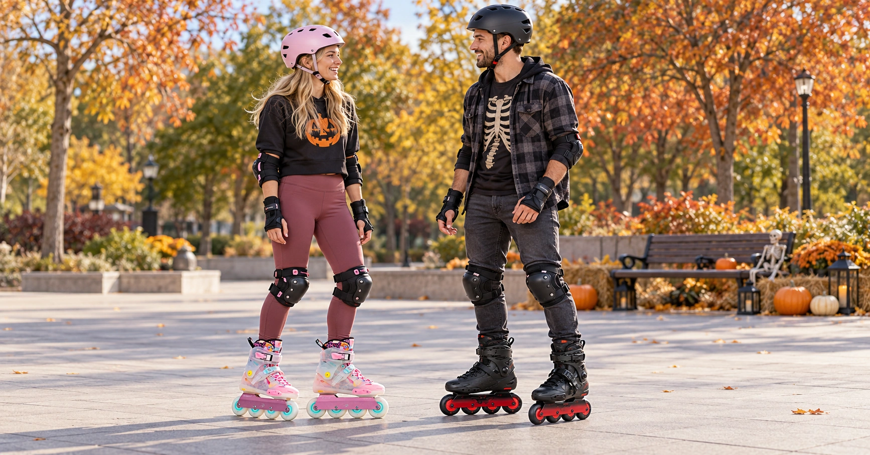 Two adults wearing Flying Eagle inline skates and protective gear in an autumn park with Halloween decorations