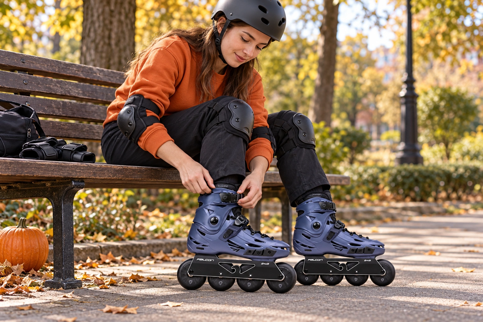 An adult skater seated on a park bench checking the buckle on blue Flying Eagle Falcon inline skates